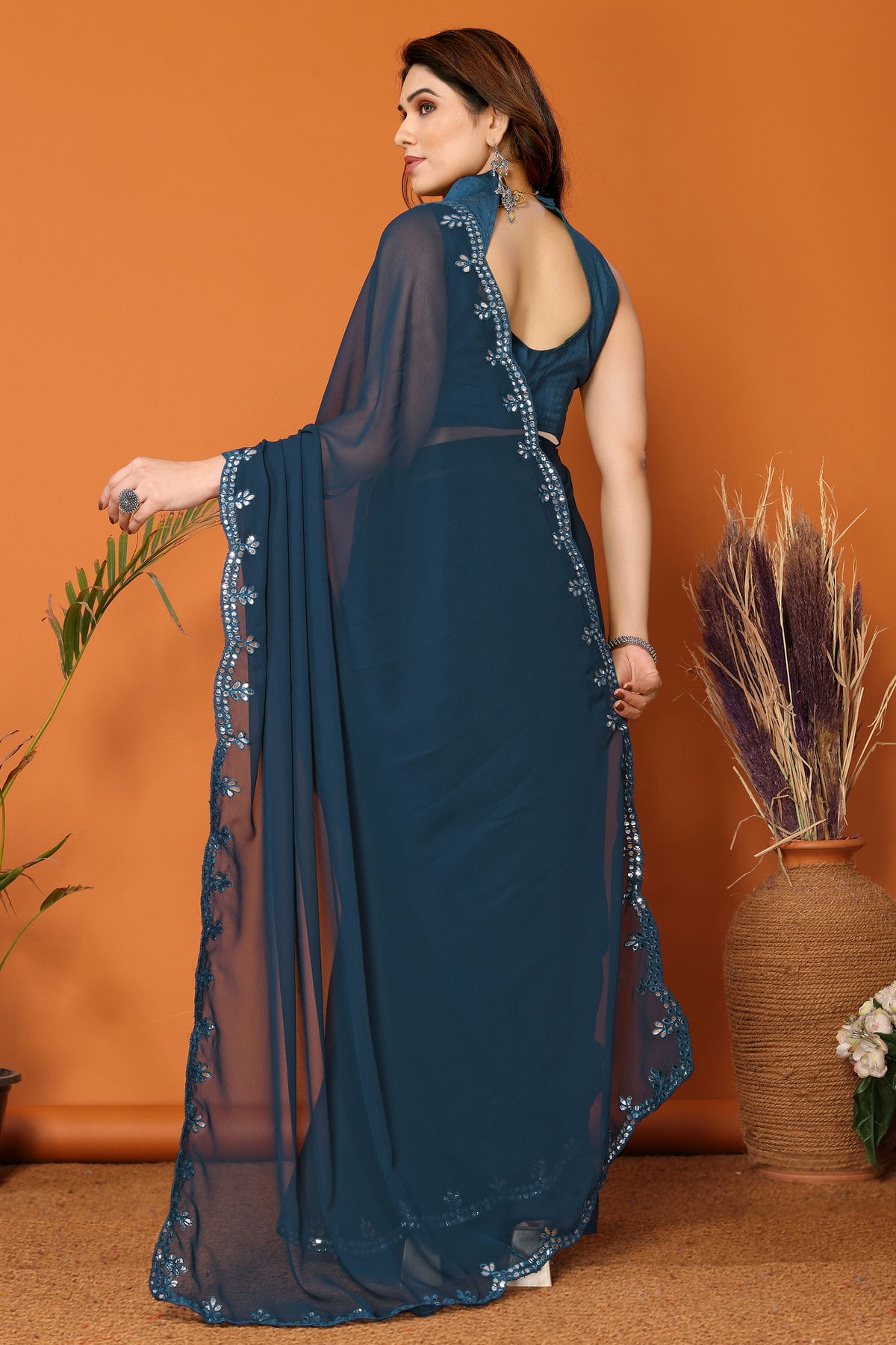 Teal Colour Georgette Mirror Work Saree VSSD1180121