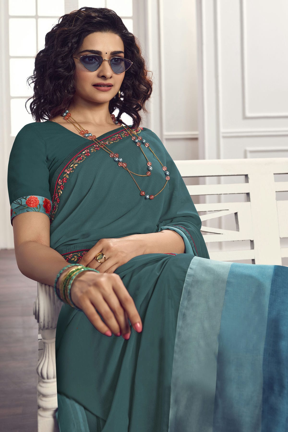 Teal Colour Georgette Printed Saree VSSD1180058