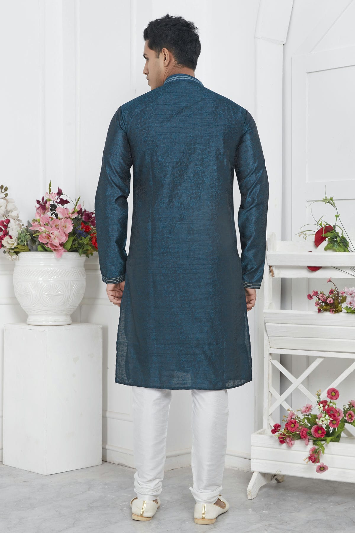 Teal Colour Jacquard Silk Brocade Kurta Pajama VSKP1230214