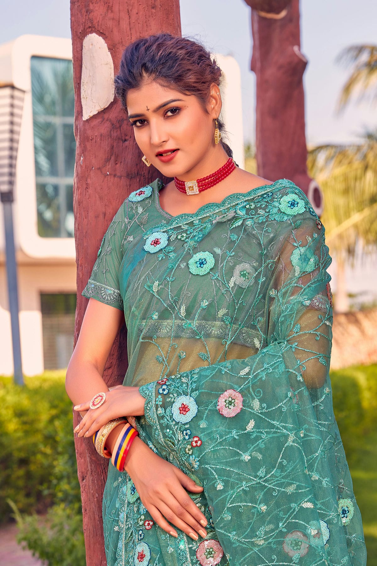Teal Colour Net Designer Saree VSLC1121359
