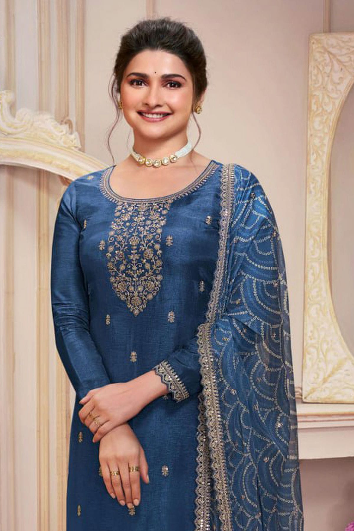 Teal Colour Semi Stitched Silk Georgette Pant Style Suit VSSM1140500