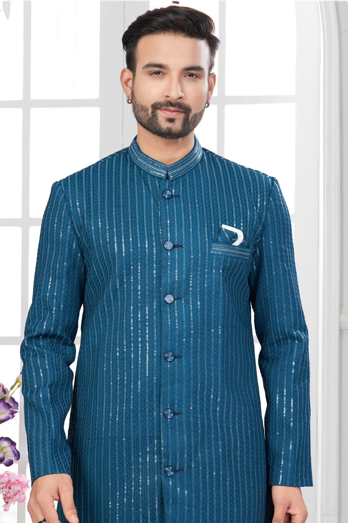 Teal Colour Silk Dupion Dhoti Sherwani VSSH1040633