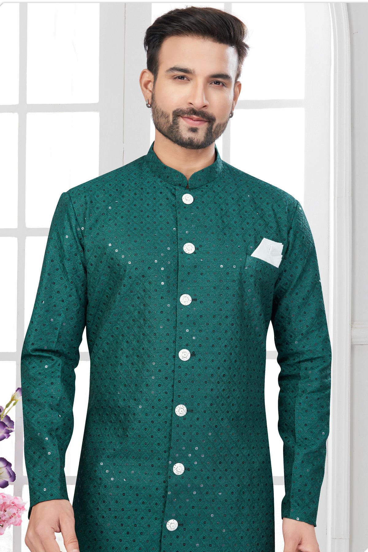 Teal Colour Silk Dupion Sherwani VSSH1040609
