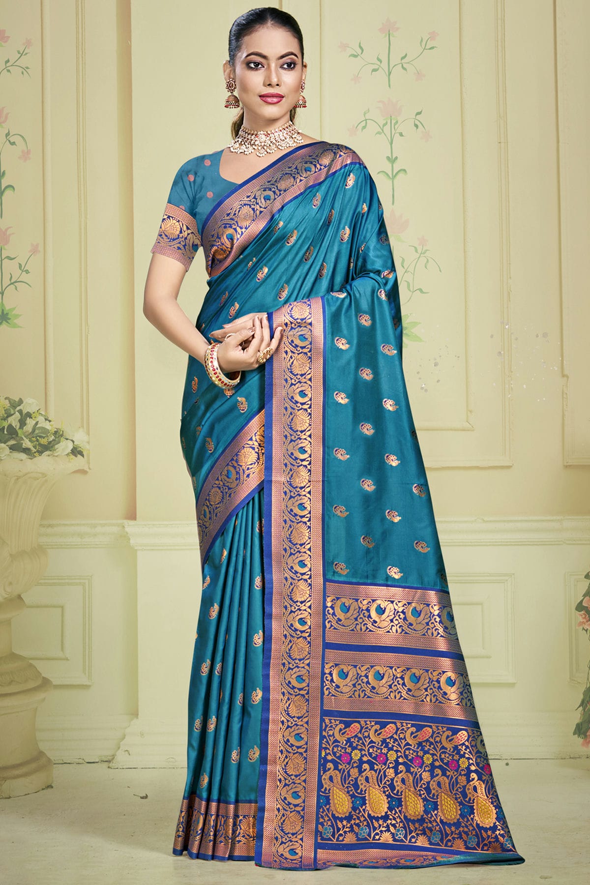 Teal Colour Silk Woven Work Traditional Saree