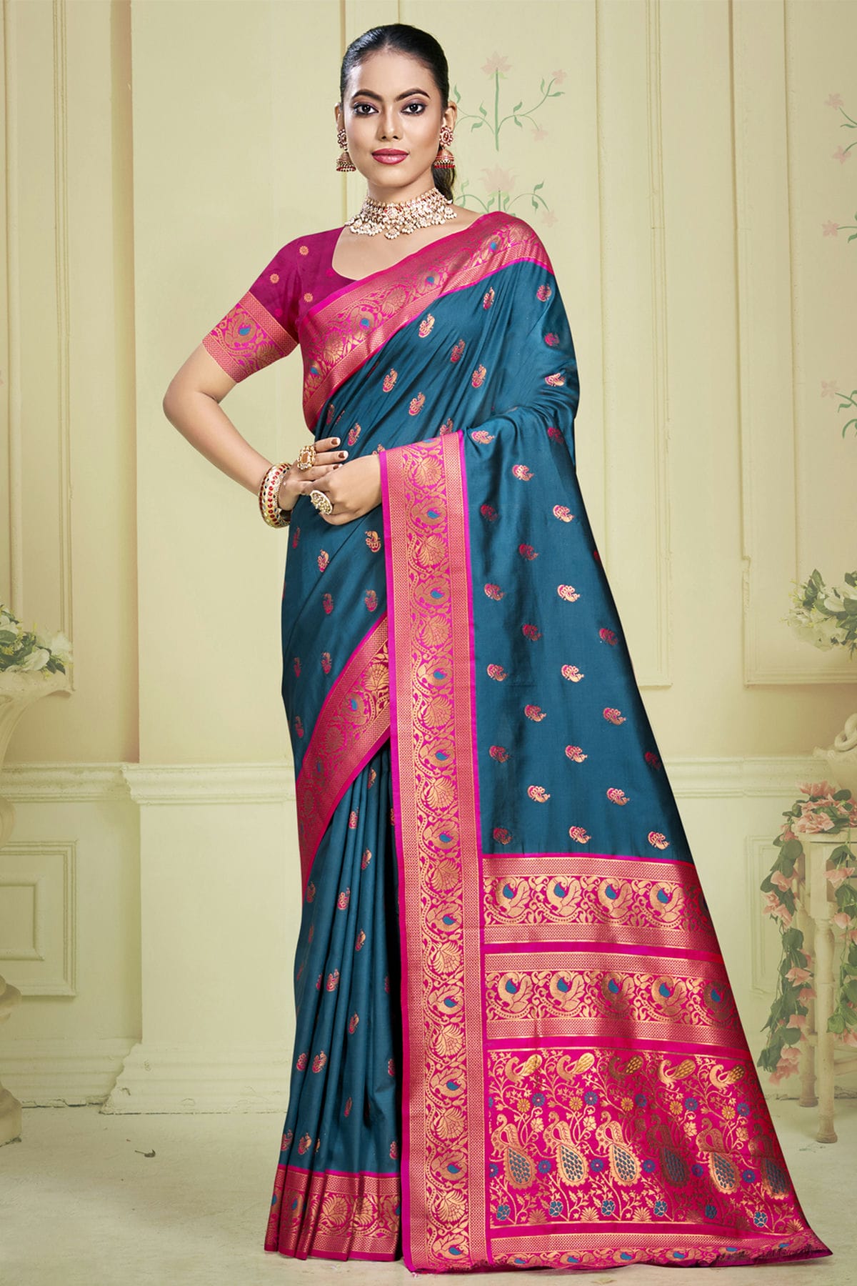 Teal Colour Silk Woven Work Traditional Saree