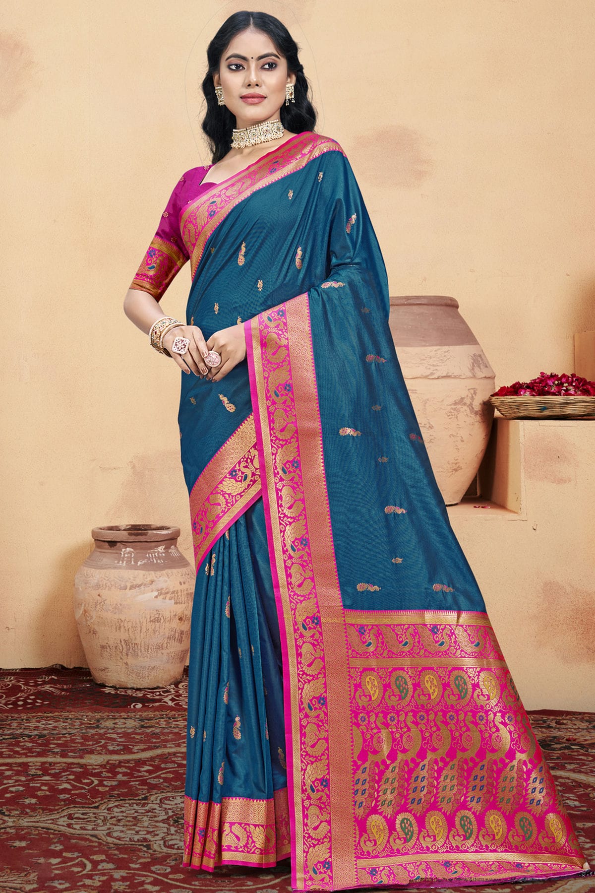 Teal Colour Silk Woven Work Traditional Saree