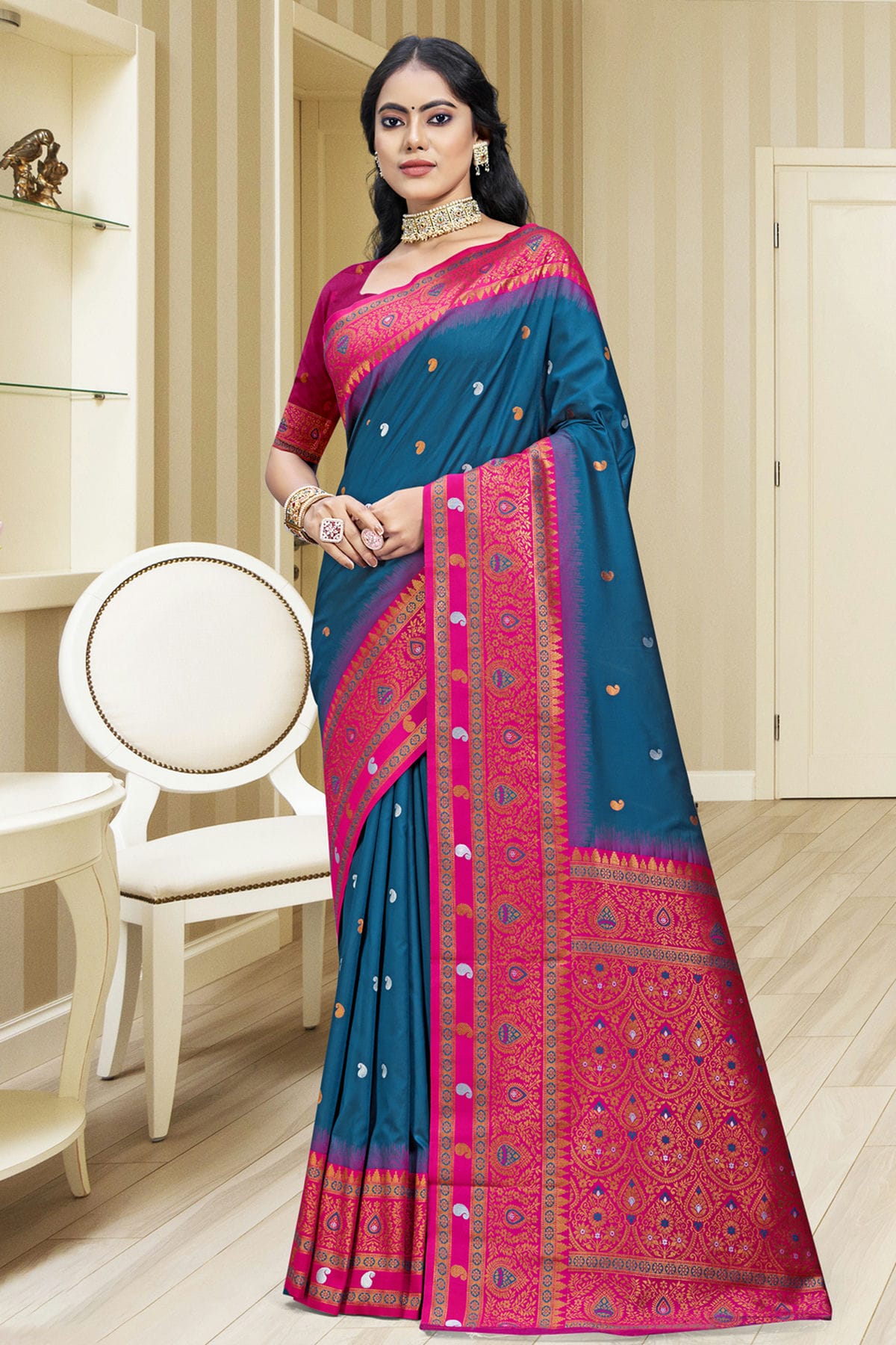 Teal Colour Silk Woven Work Traditional Saree