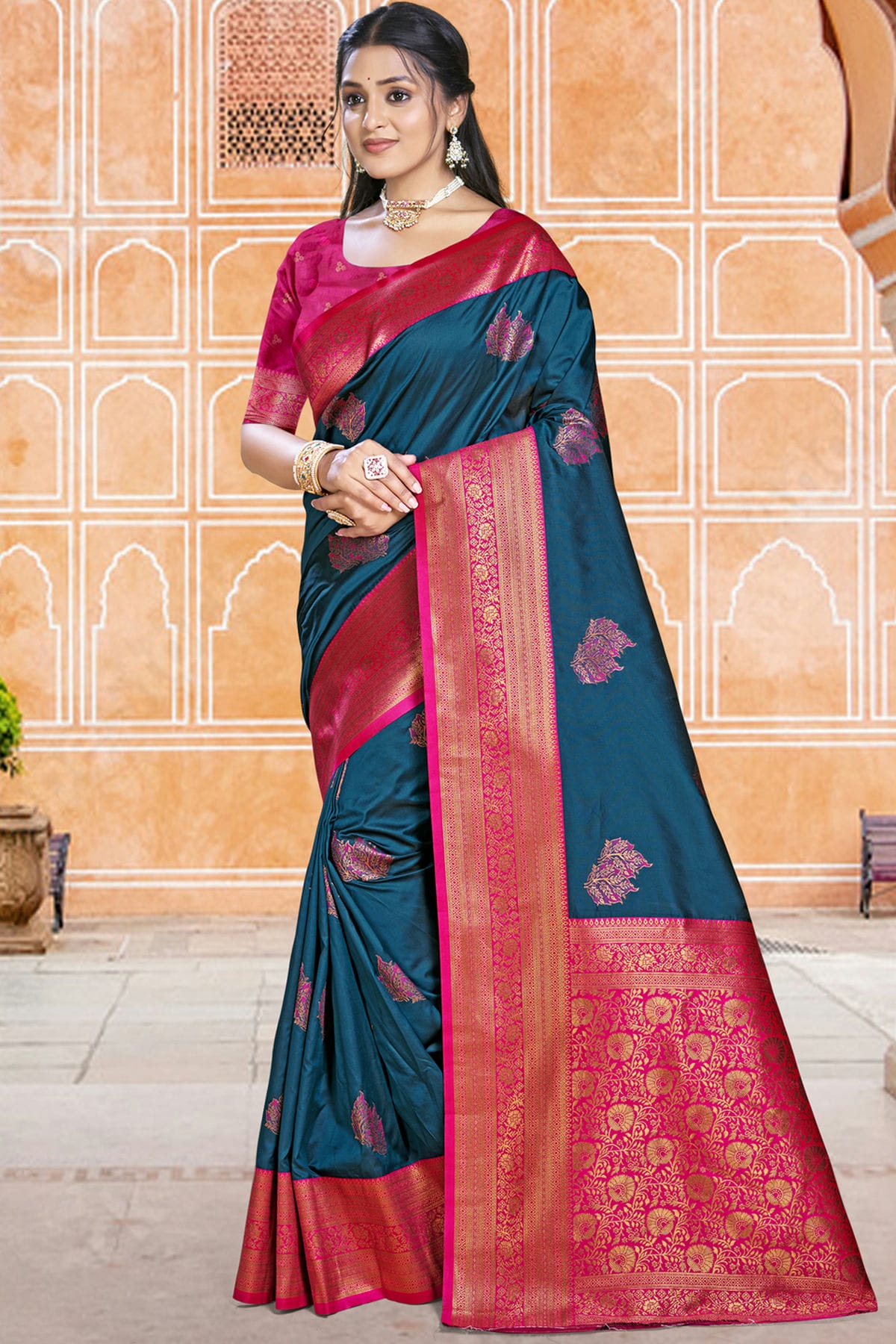 Teal Colour Silk Woven Work Traditional Saree