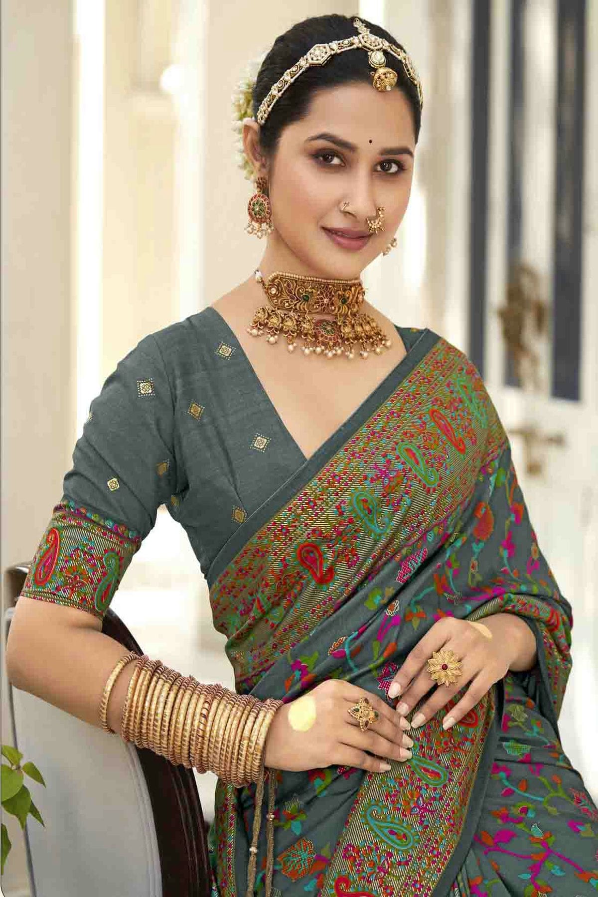 Teal Colour Velvet Tussar Silk Floral Printed Traditional Sarees VSSD1113750