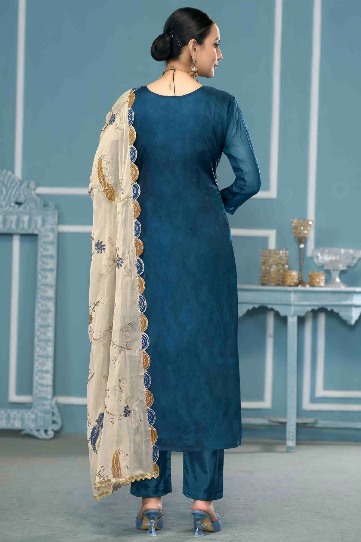 Teal Colour Viscose Organza Pant Style Suit VSSM1113266