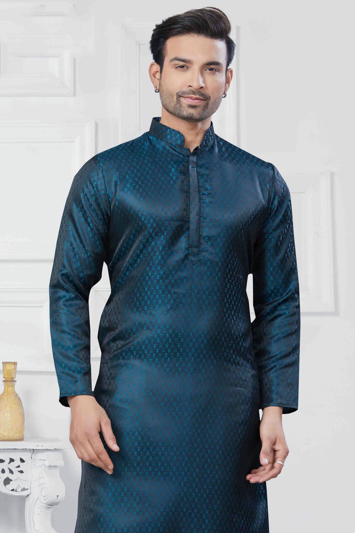 Teal Colour Woven Jacquard Silk Kurta Pajama VSKP1113451
