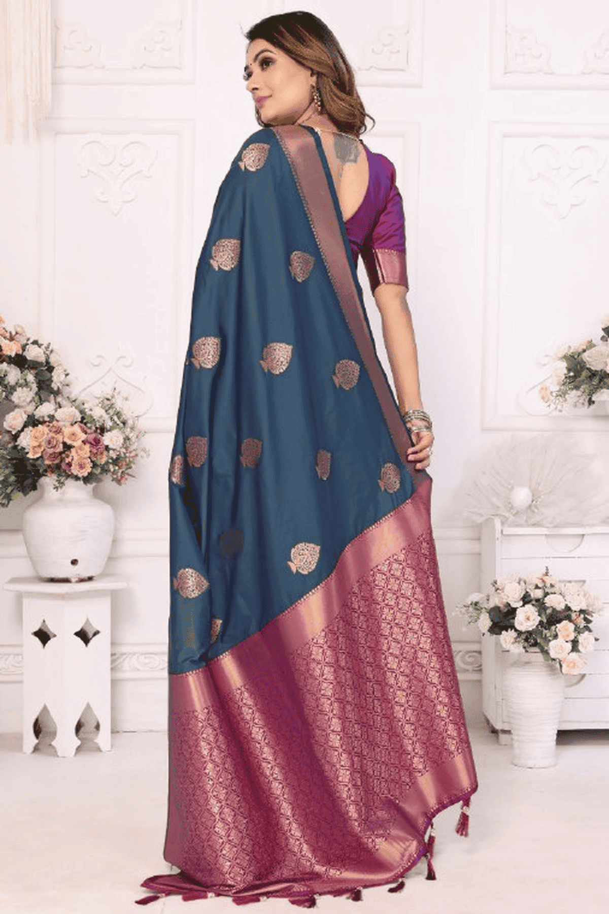 Teal Colour Woven Work Lichi Soft Silk Traditional Saree