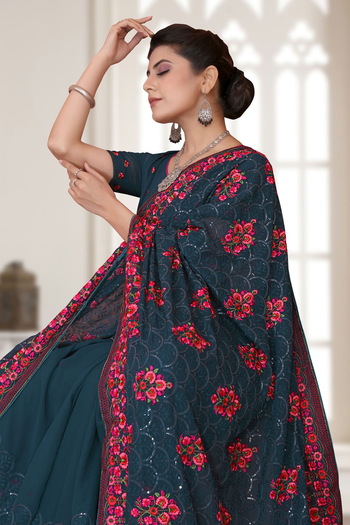 Teal Colour Georgette Saree VSSD1090779