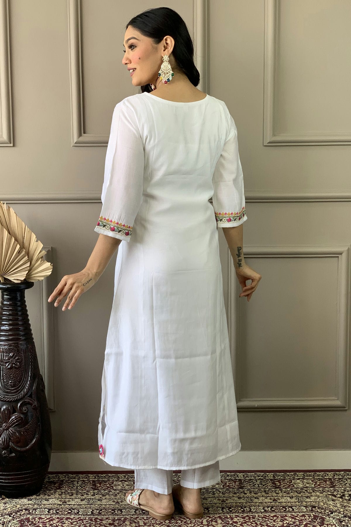 White Colour Chanderi Stitched Salwar Suit