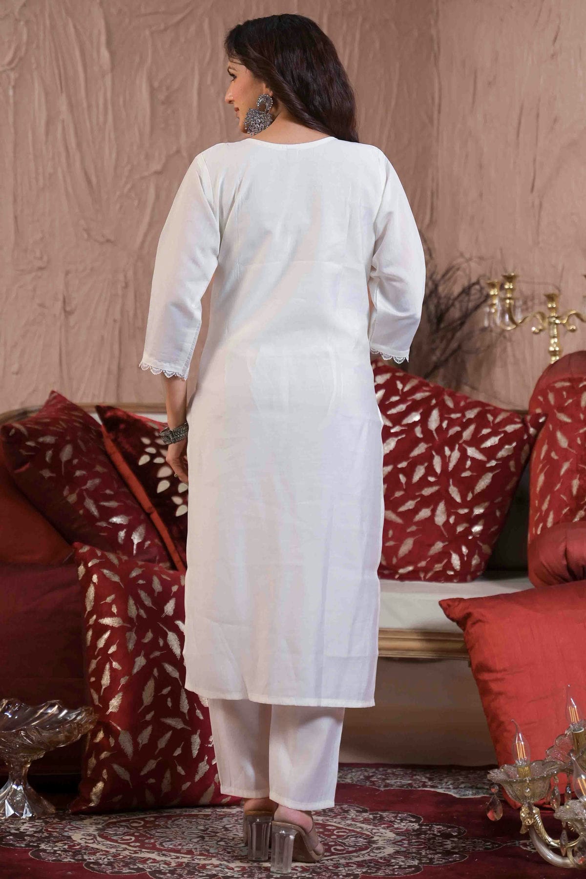 White Colour Chanderi with Cotton Lining Stitched Pant Style Suit VSSS1113894