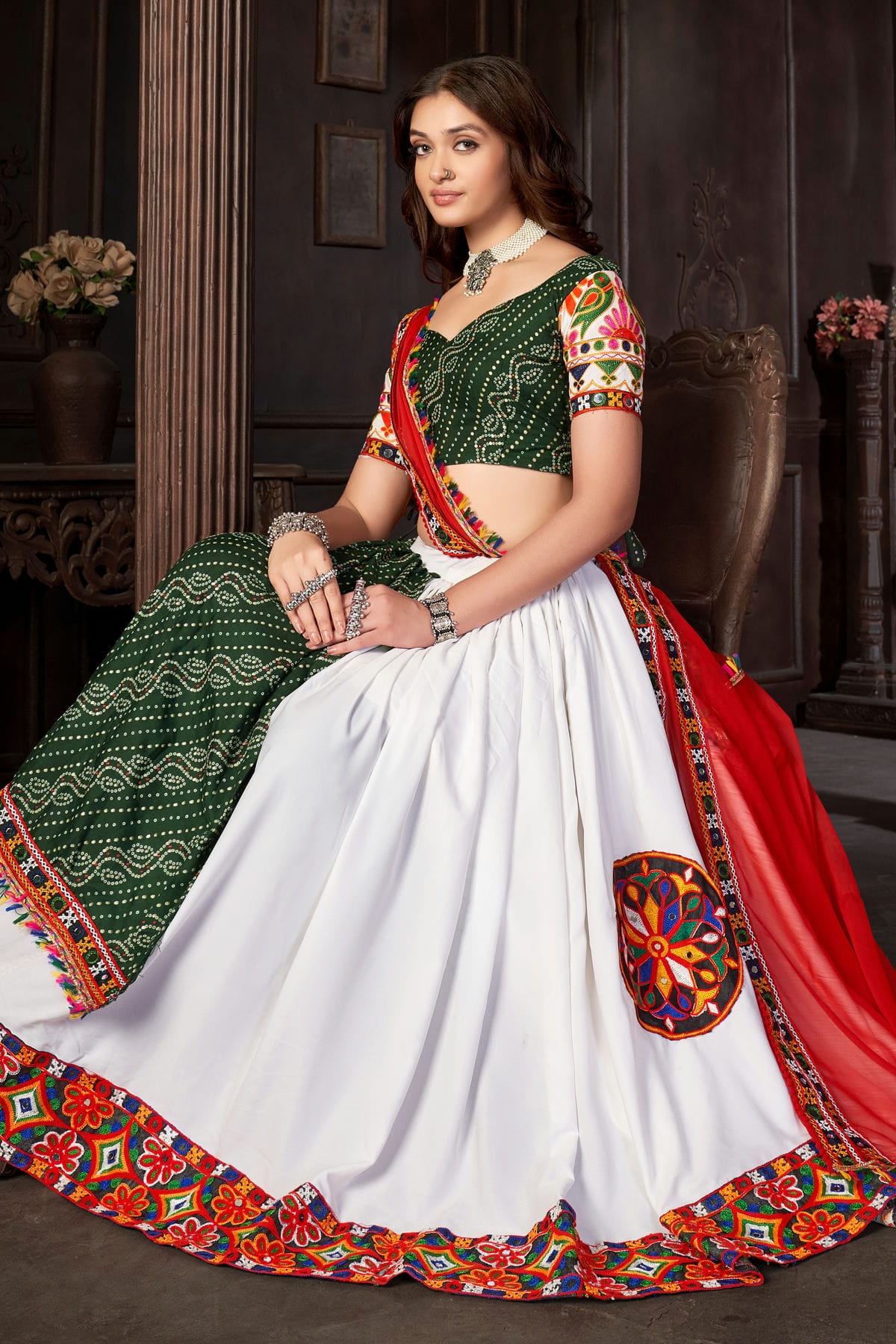 White Colour Embroidery Work Cotton Silk Navratri Lehenga VSLD1170014