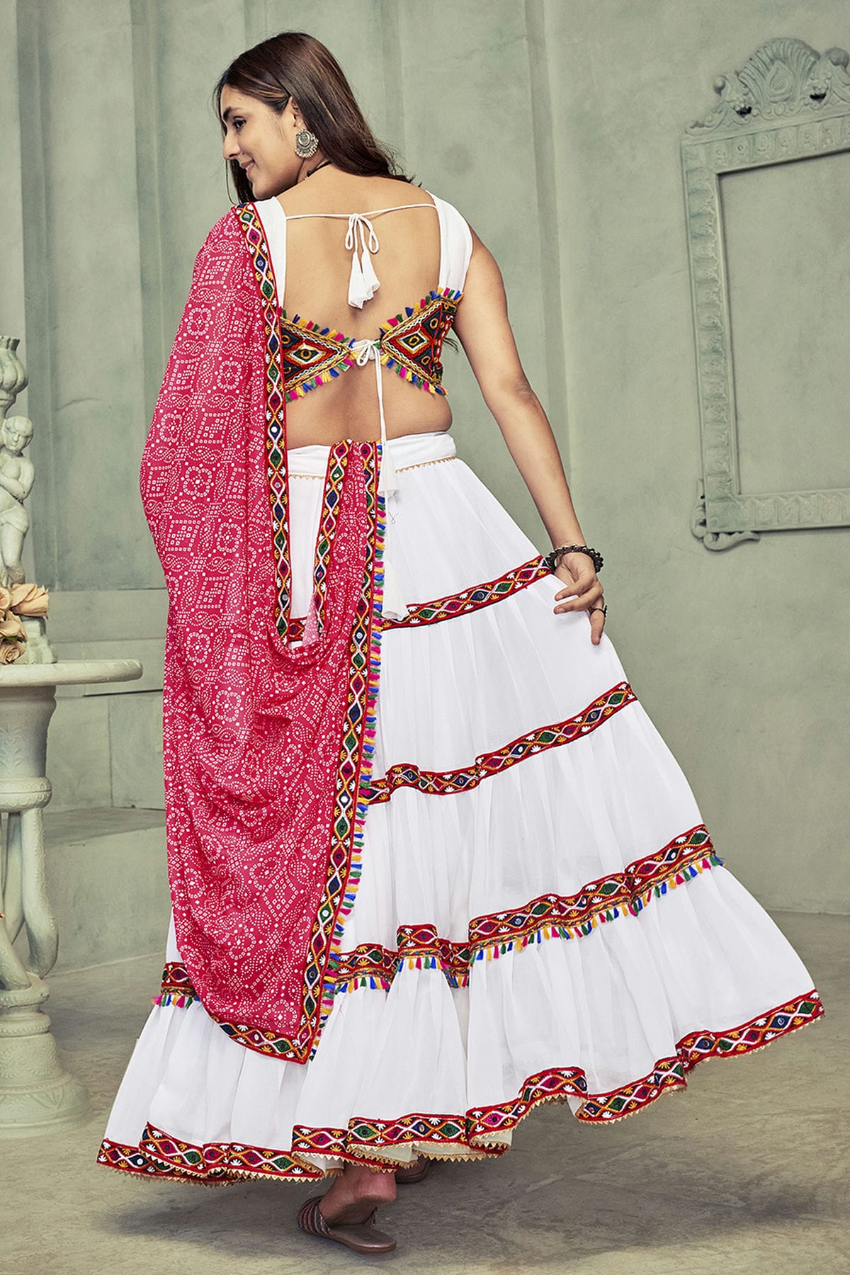 White Colour Embroidery Work Georgette Navratri Lehenga VSLD1170026