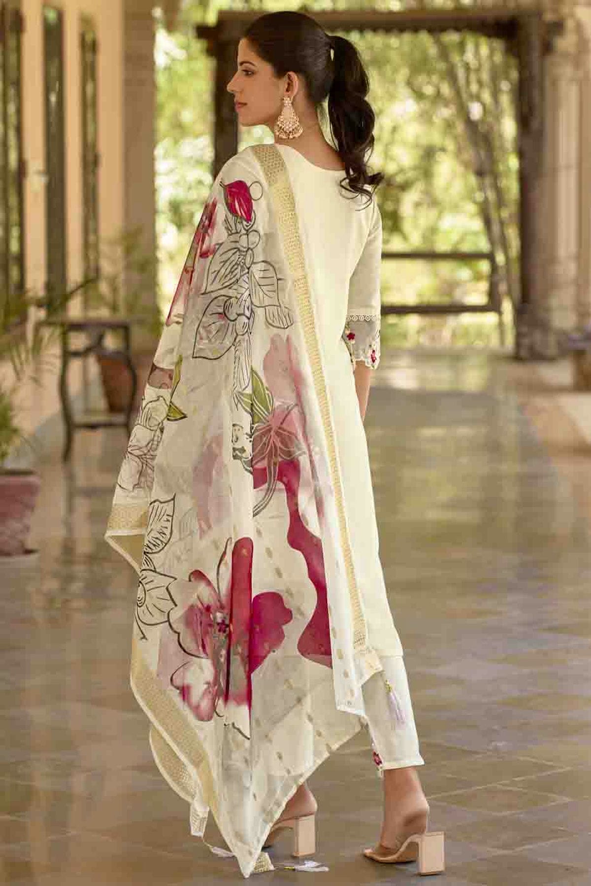 White Colour Viscose Roman Silk Embroidery Pant Style Suit VSSS1113656