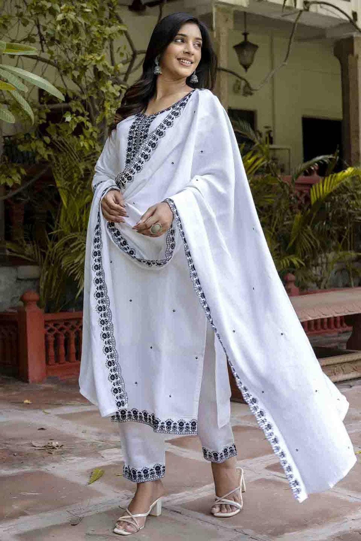 White Colour Viscose Roman Silk Stitched Pant Style Suit VSSS1113903