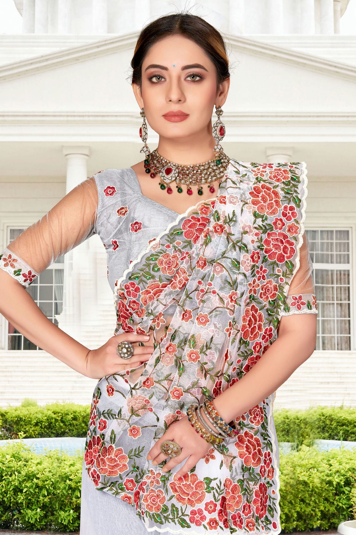 White Colour Net Saree VSSD1090756