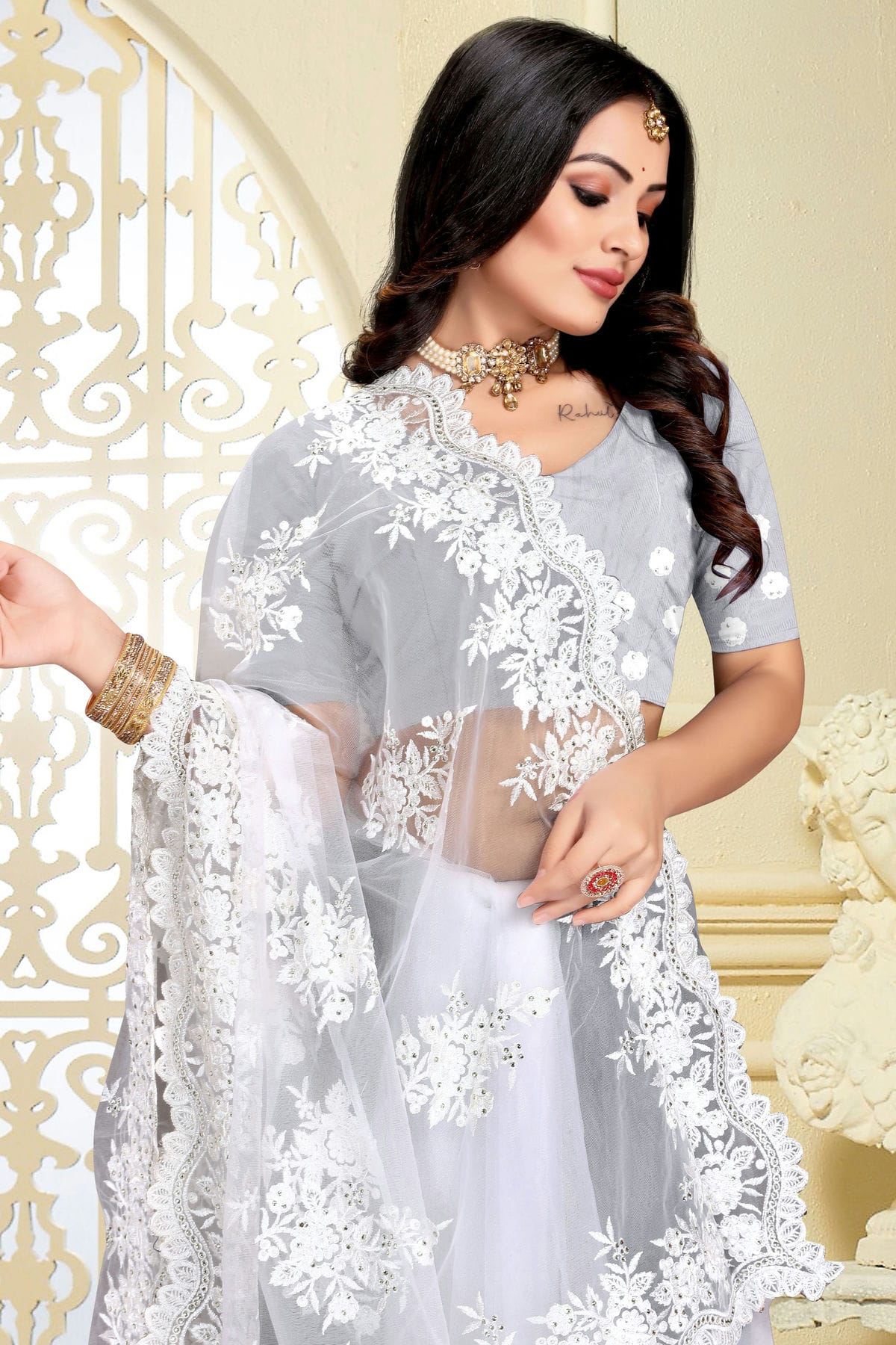 White Colour Net Saree VSSD1090813