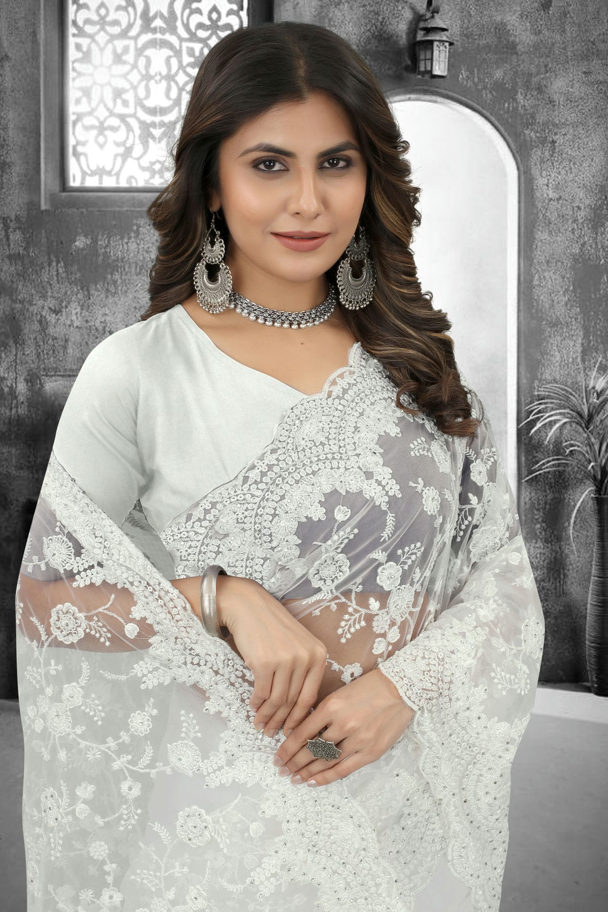 White Colour Net Saree VSSD1090847