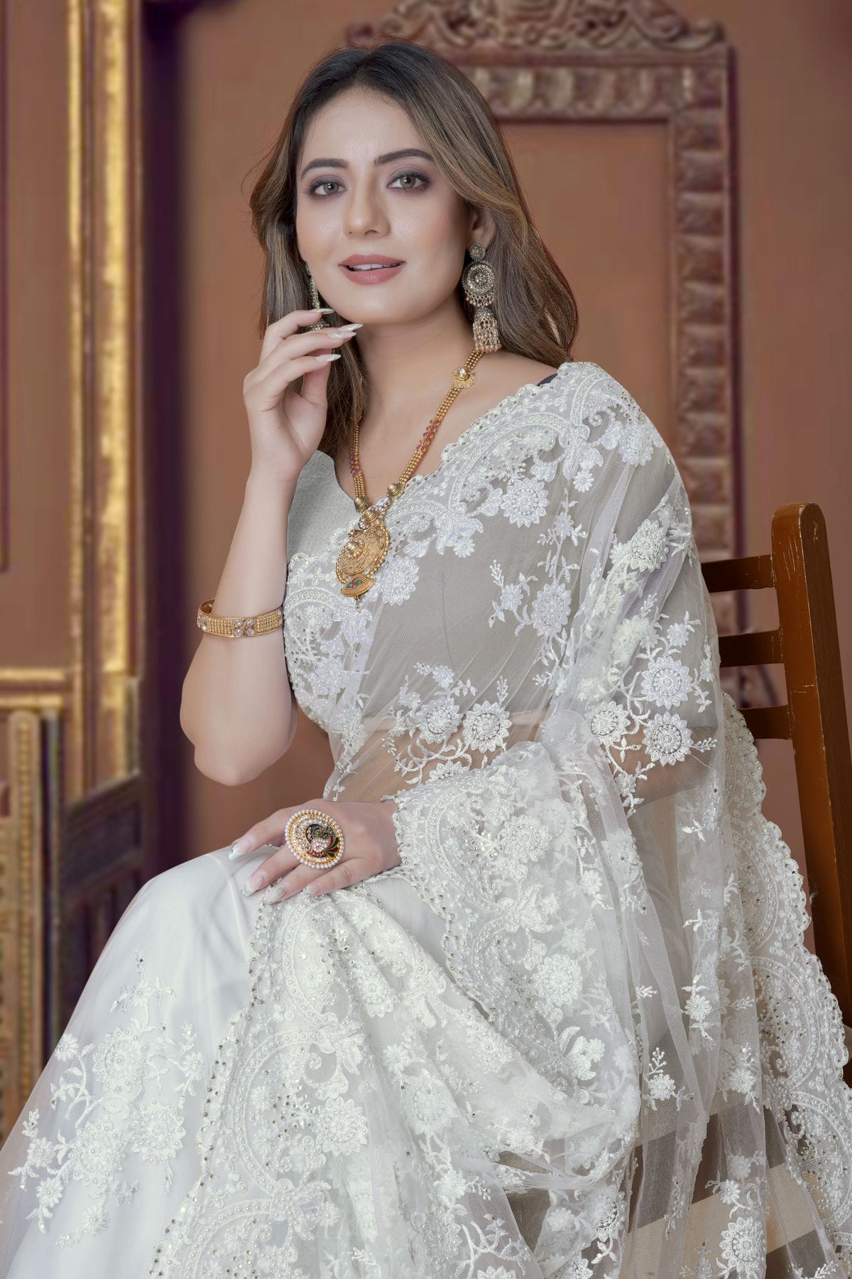 White Colour Net Saree VSSD1090906
