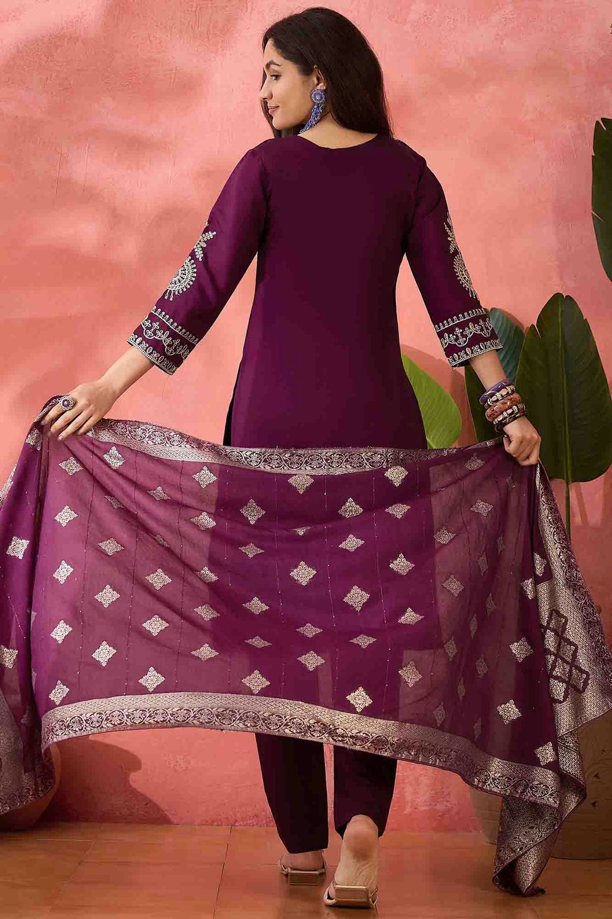 Wine Colour Embroidery Roman Silk Pant Style Suit VSSS1113517