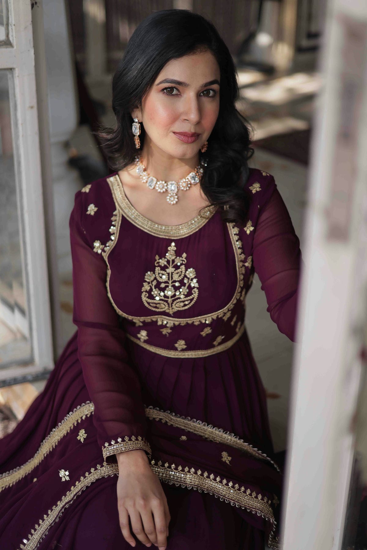 Wine Colour Faux Georgette Stitched Gown VSGW1113002