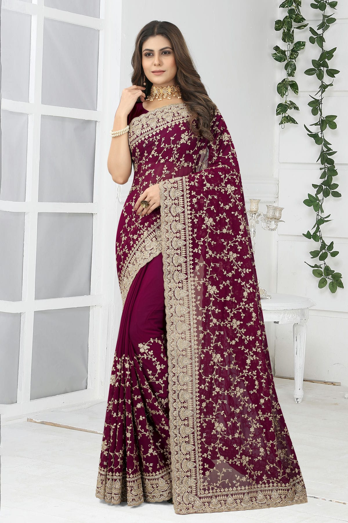 Wine Colour Georgette Designer Saree
