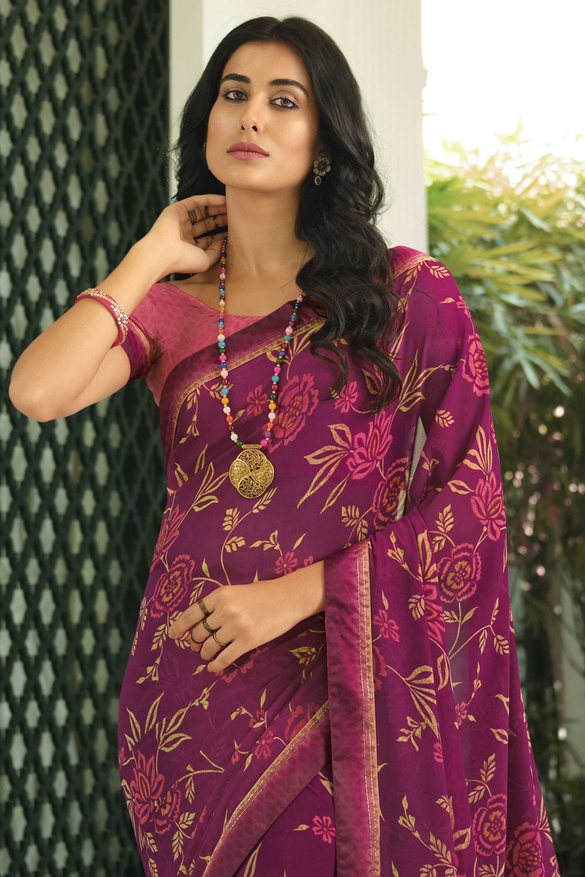 Wine Colour Georgette Printed Saree VSSD1180053