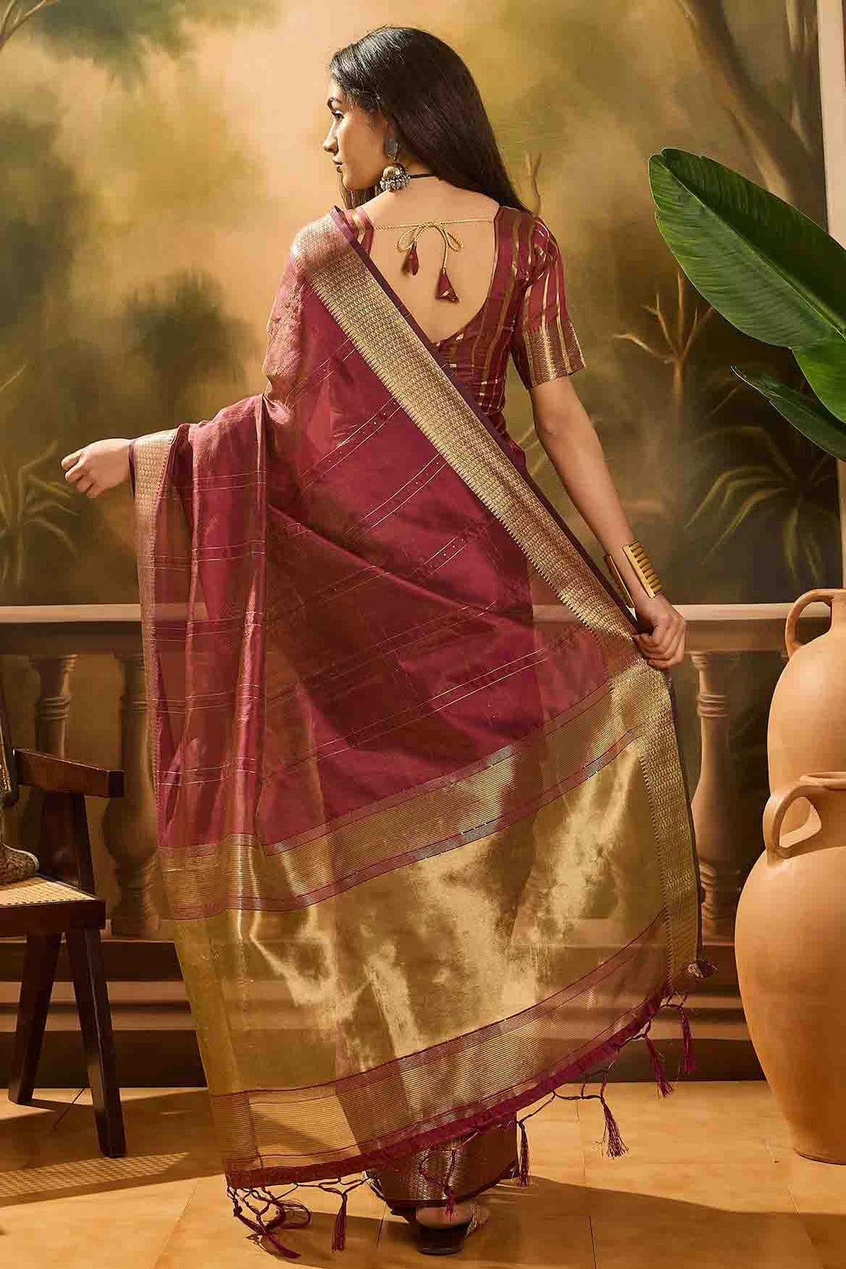 Wine Colour Khadi Organza Traditional Saree VSSD1113873