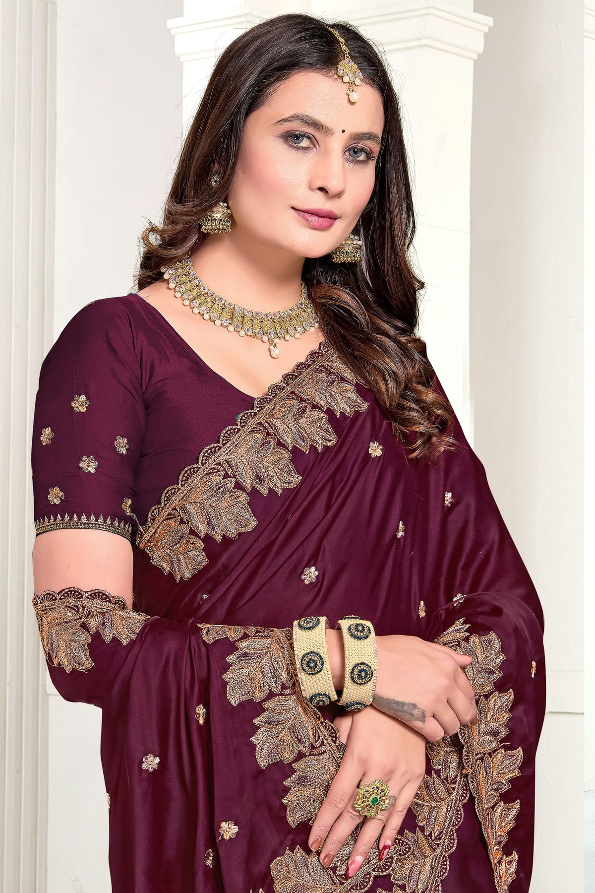 Wine Colour Satin Designer Saree