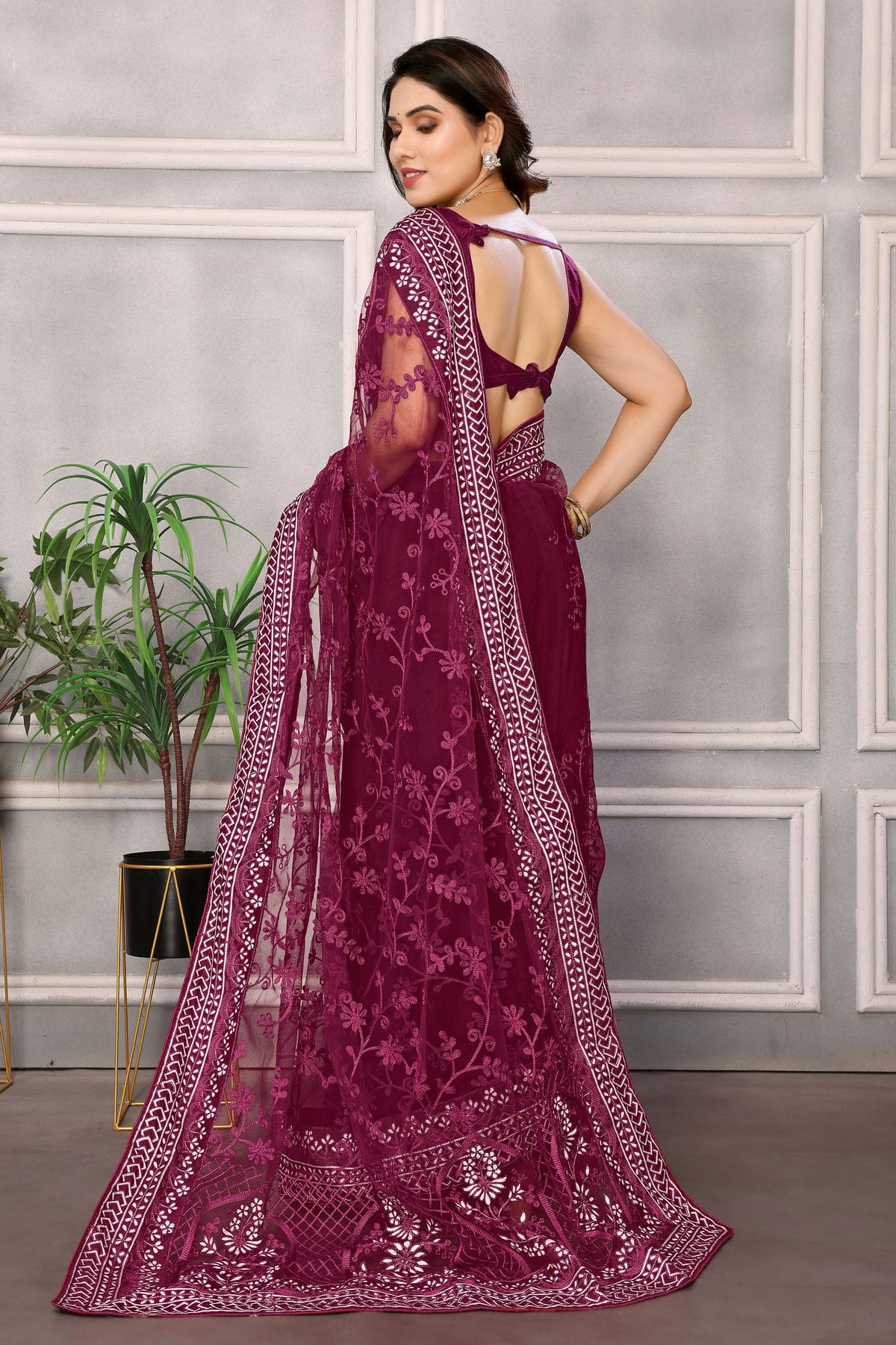 Wine Colour Soft Net Saree VSSD1110198
