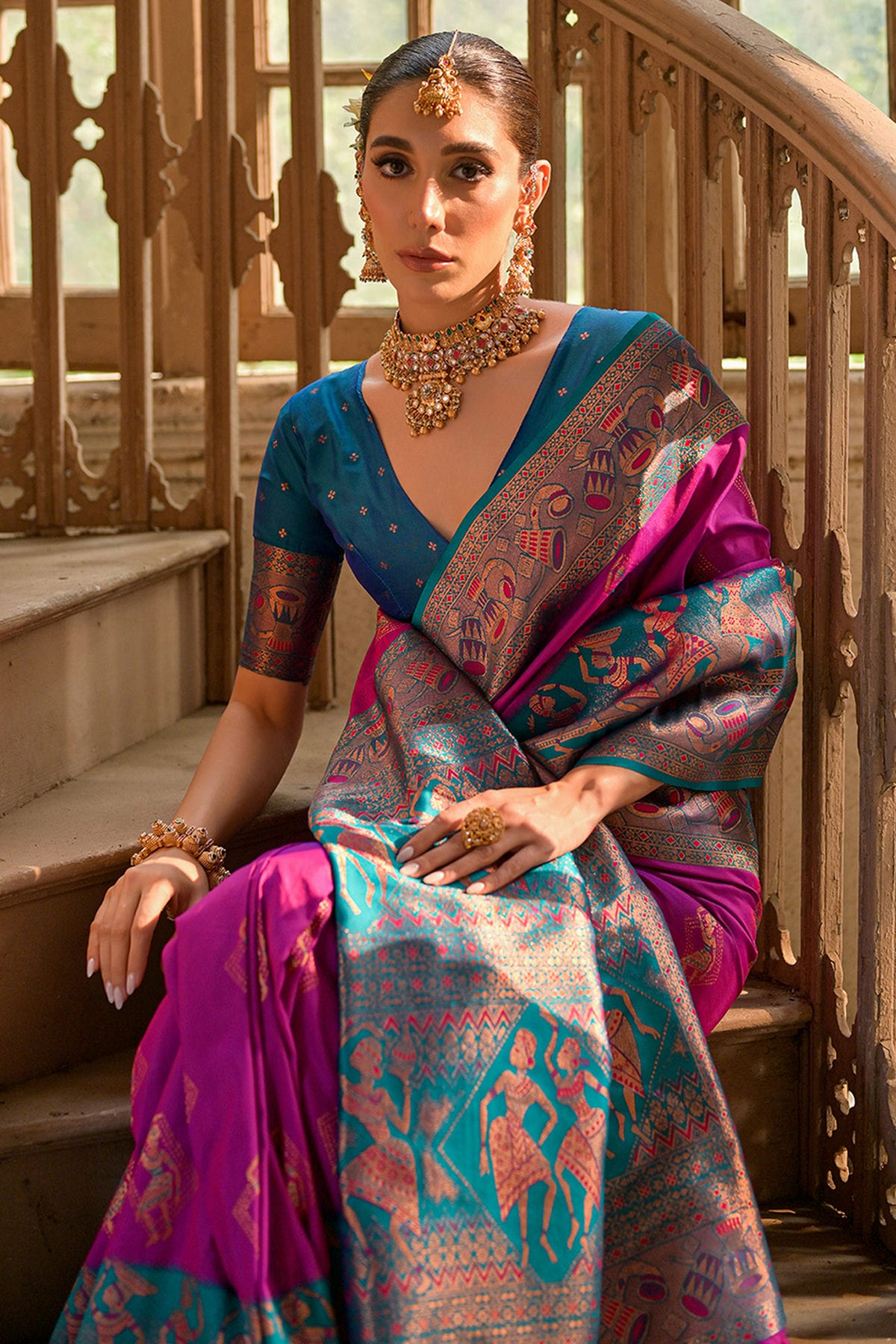Wine Colour Woven Work Banarasi Silk Saree