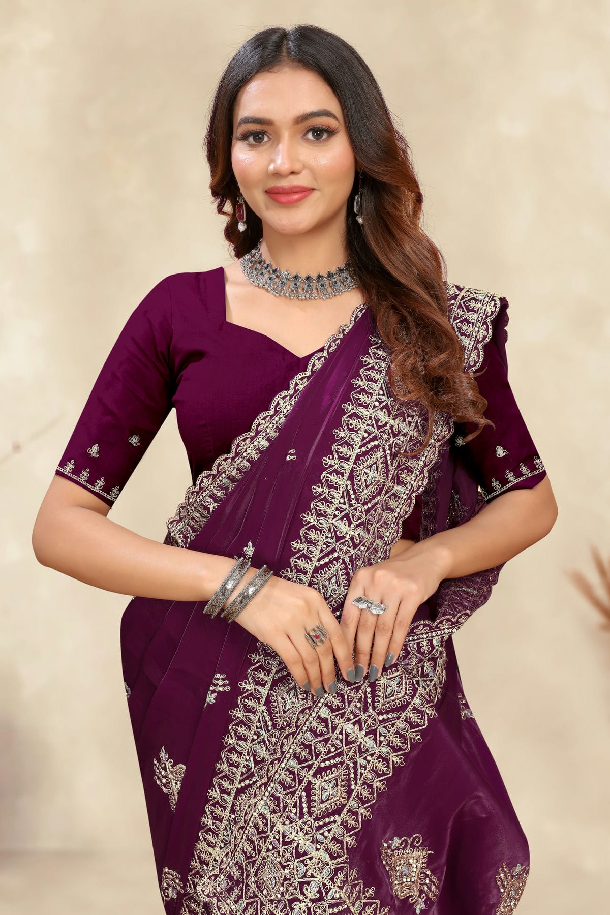 Wine Colour Crepe Silk Saree VSSD1091000