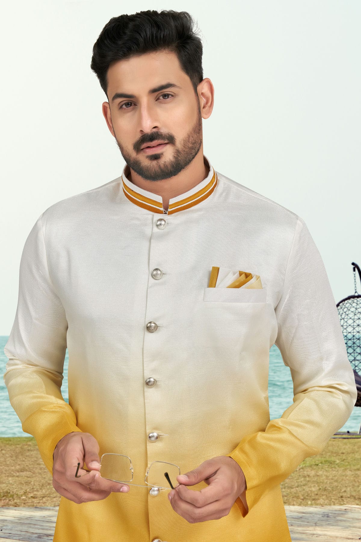Yellow Colour Champion Silk Indo Western Sherwani VSSH1040512