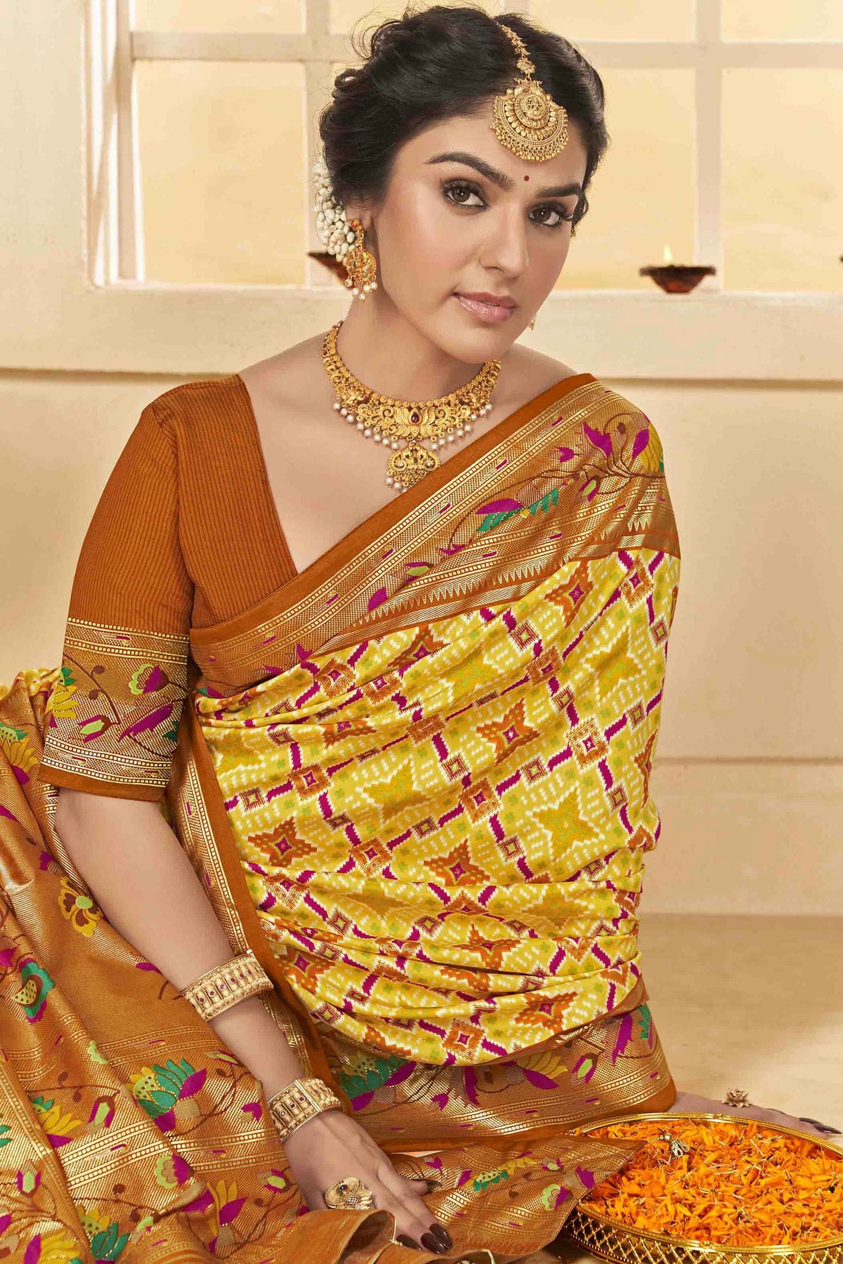 Yellow Colour Cotton Silk Ikkat Printed Traditional Saree VSSD1113591