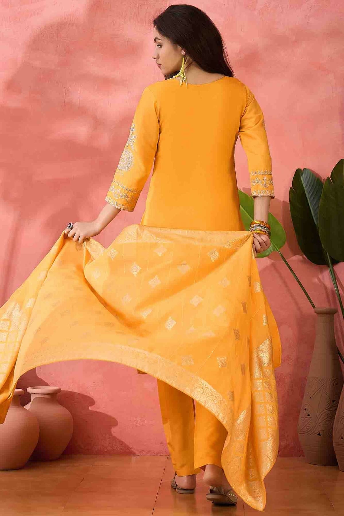 Yellow Colour Embroidery Roman Silk Pant Style Suit VSSS1113515
