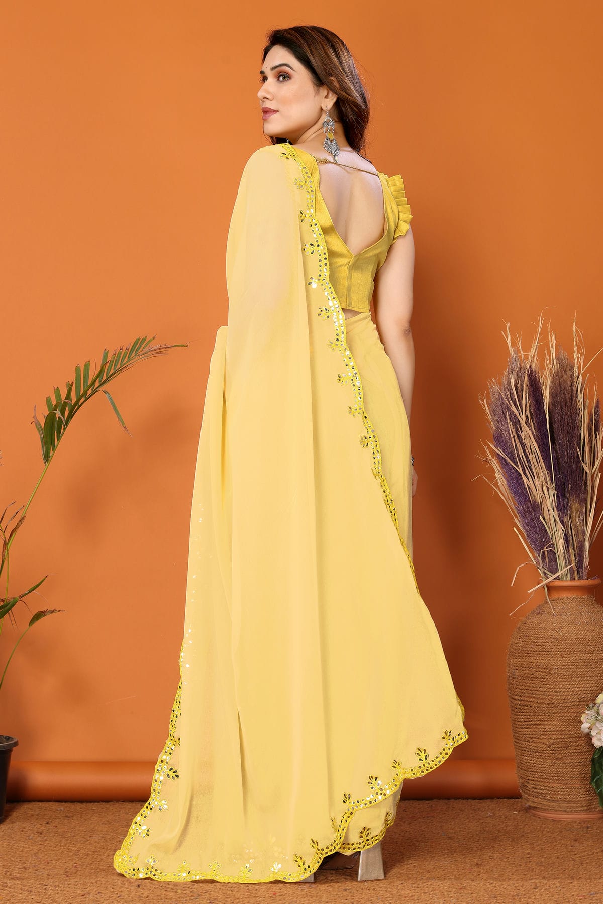 Yellow Colour Georgette Mirror Work Saree VSSD1180122