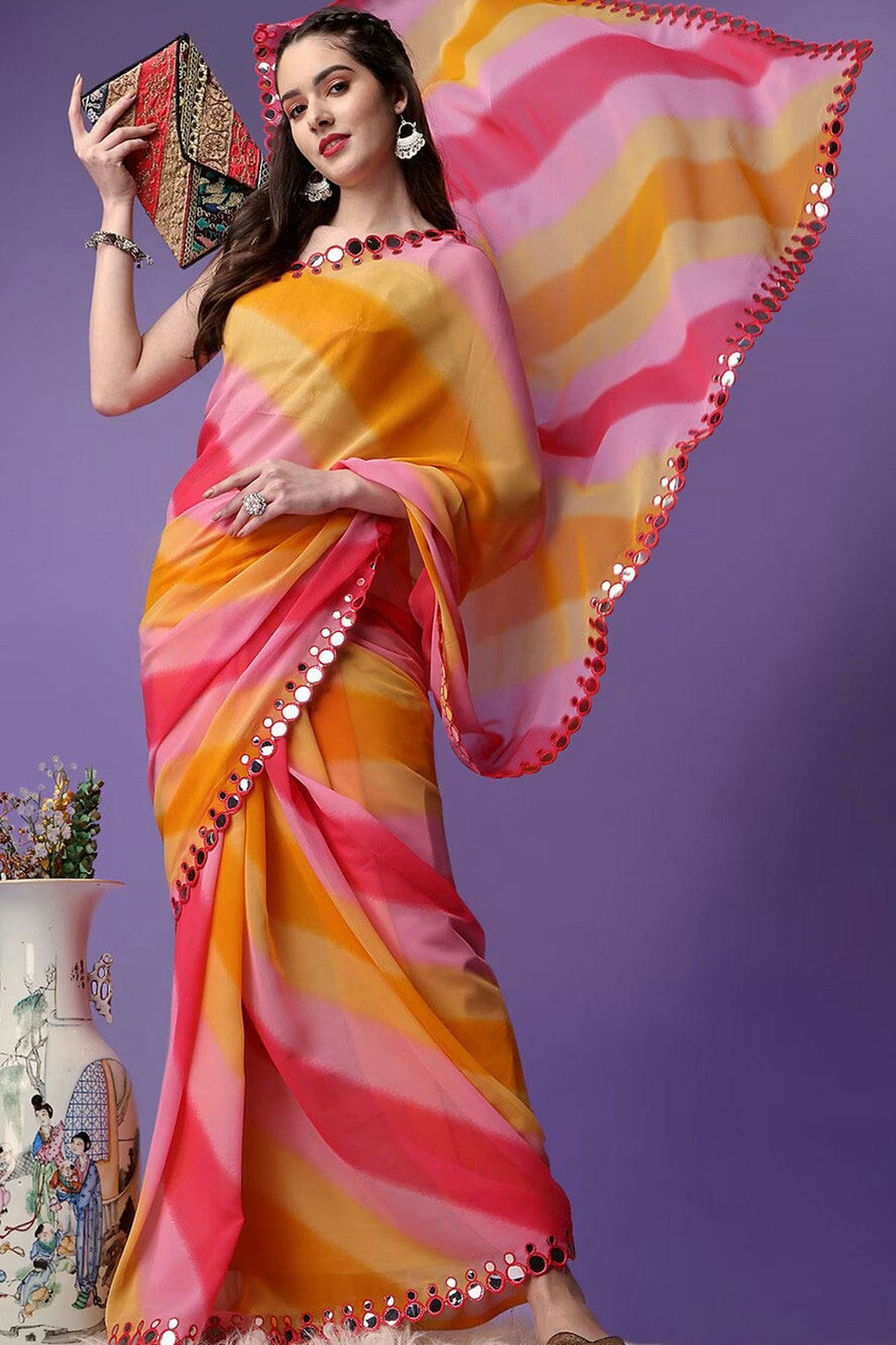 Yellow Colour Georgette Mirror Work Saree VSSD1180135