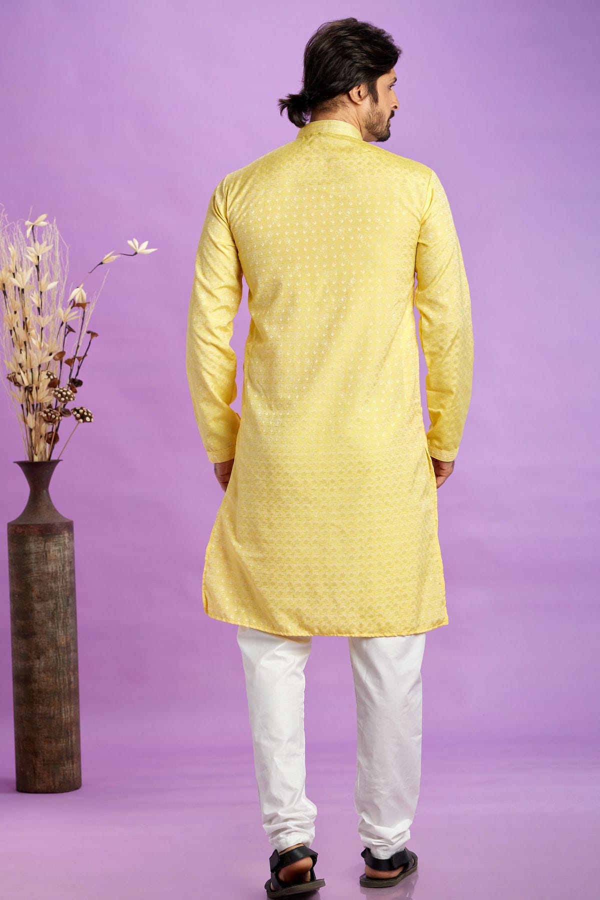 Yellow Colour Jacquard Art Silk Pintex Work Kurta Pajama VSKP1230199