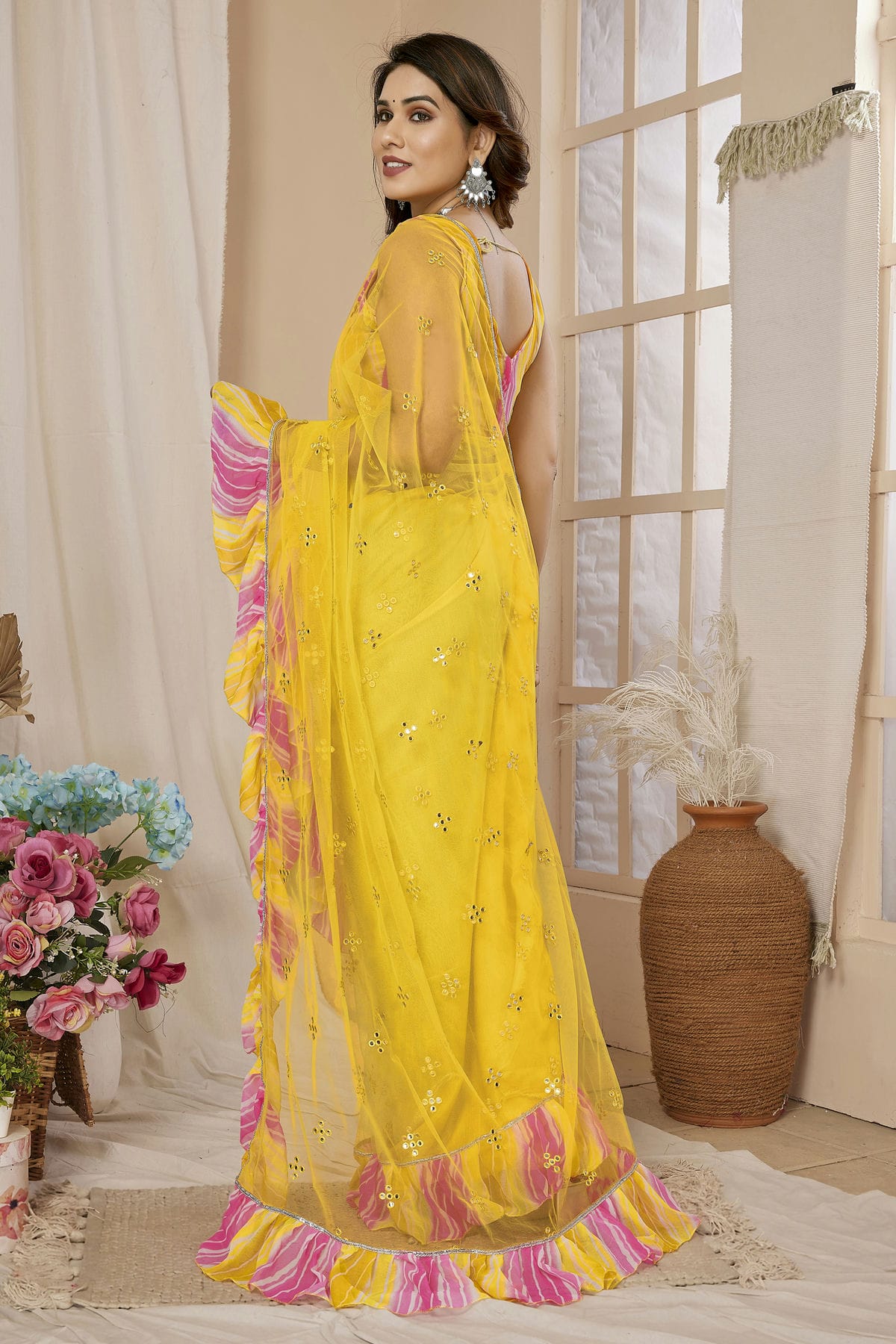 Yellow Colour Net Ruffle Saree VSSD1180128