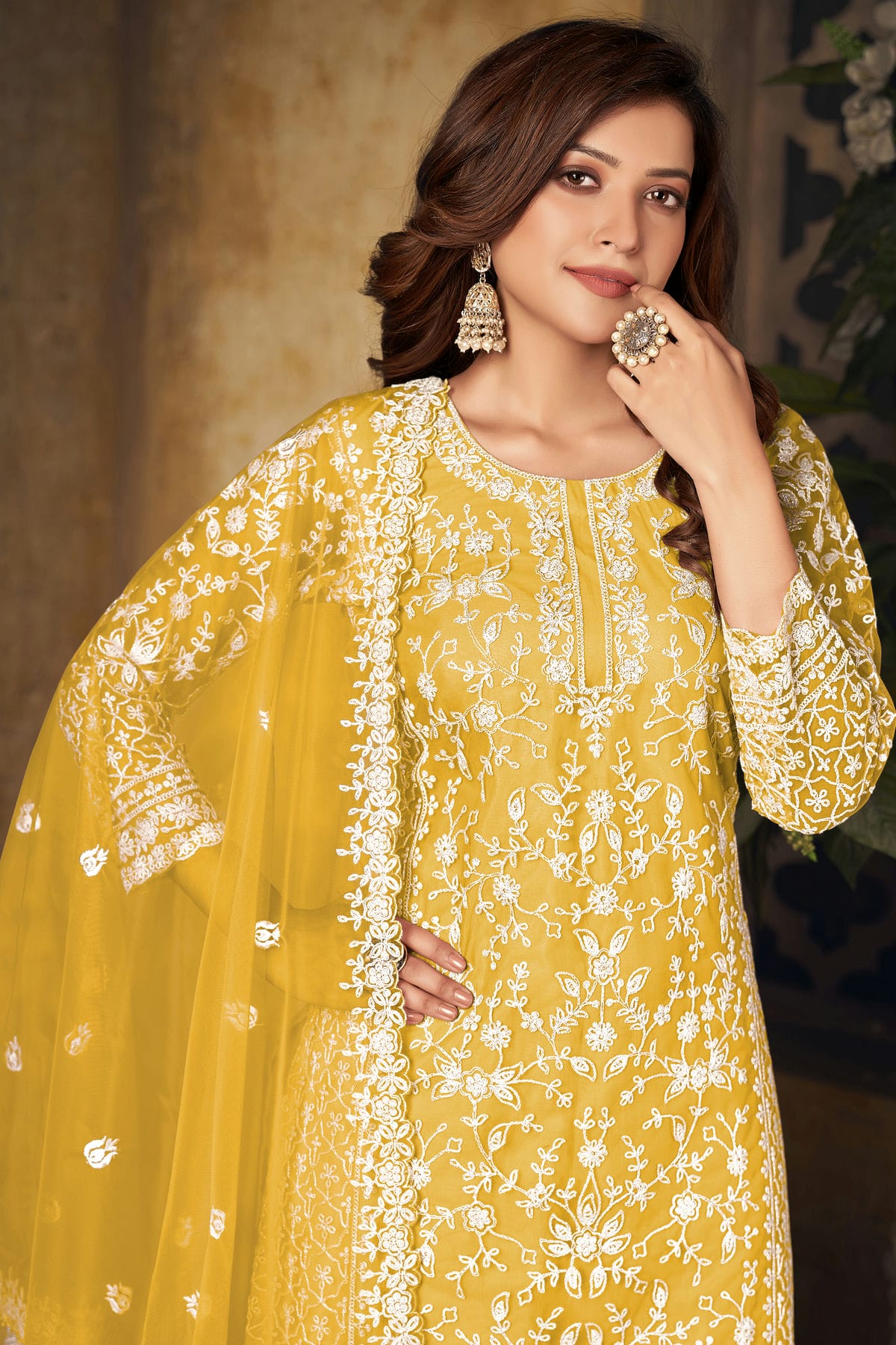 Yellow Colour Plazoo Pant Suit Net Semi Stitched VSSM1050527