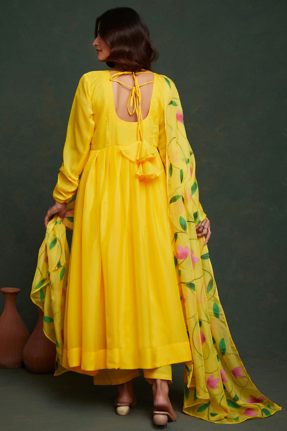 Yellow Colour Printed Viscose Organza Stitched Suit