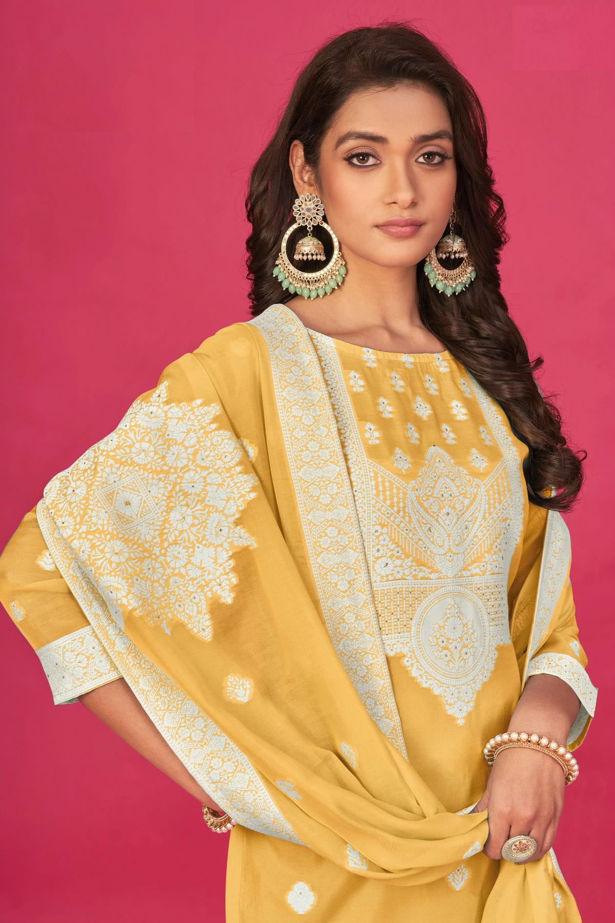 Yellow Colour Semi Stitched Jacquard Straight Suit VSSM1140192