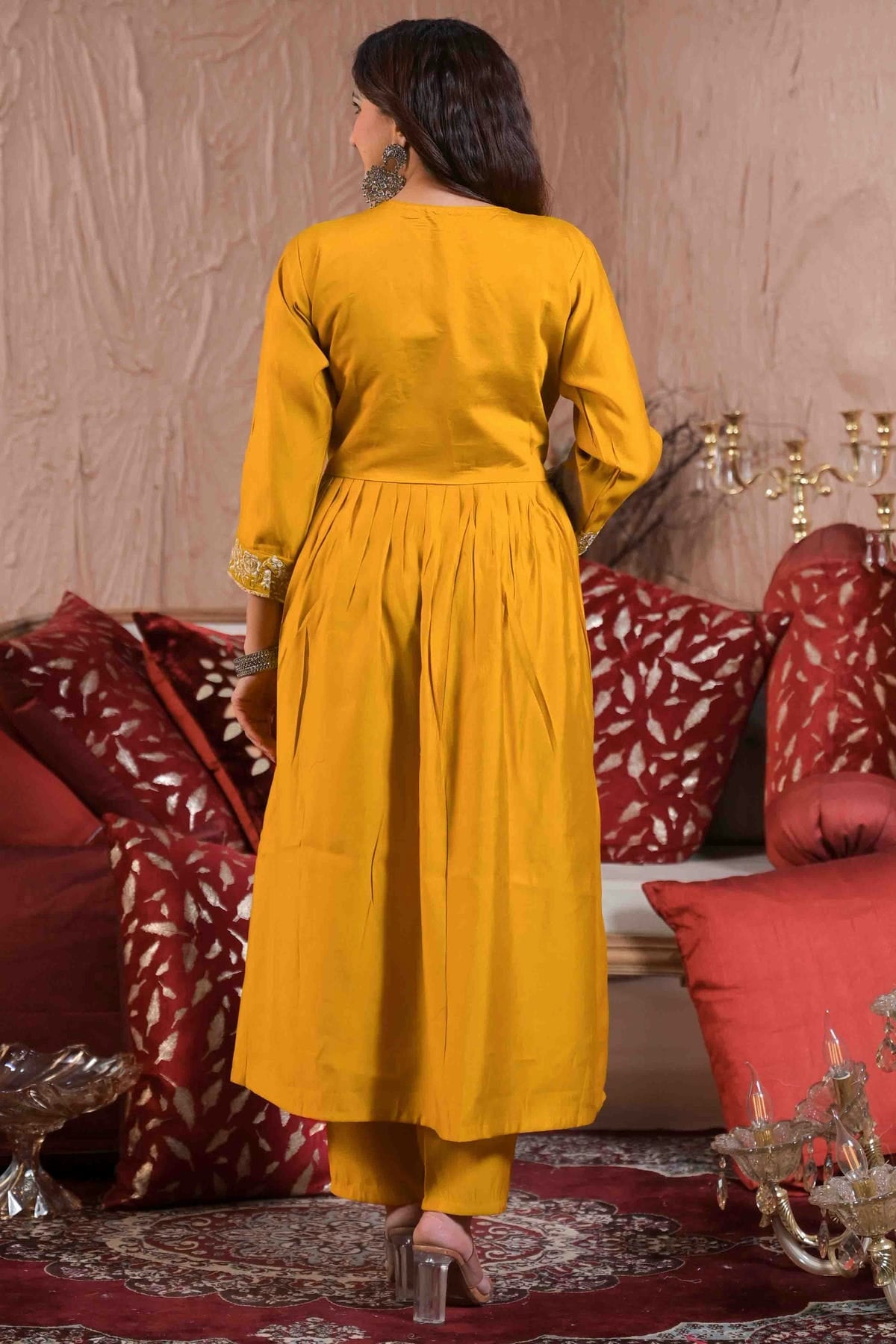 Yellow Colour Viscose Chanderi Stitched Pant Style Suit VSSS1113886