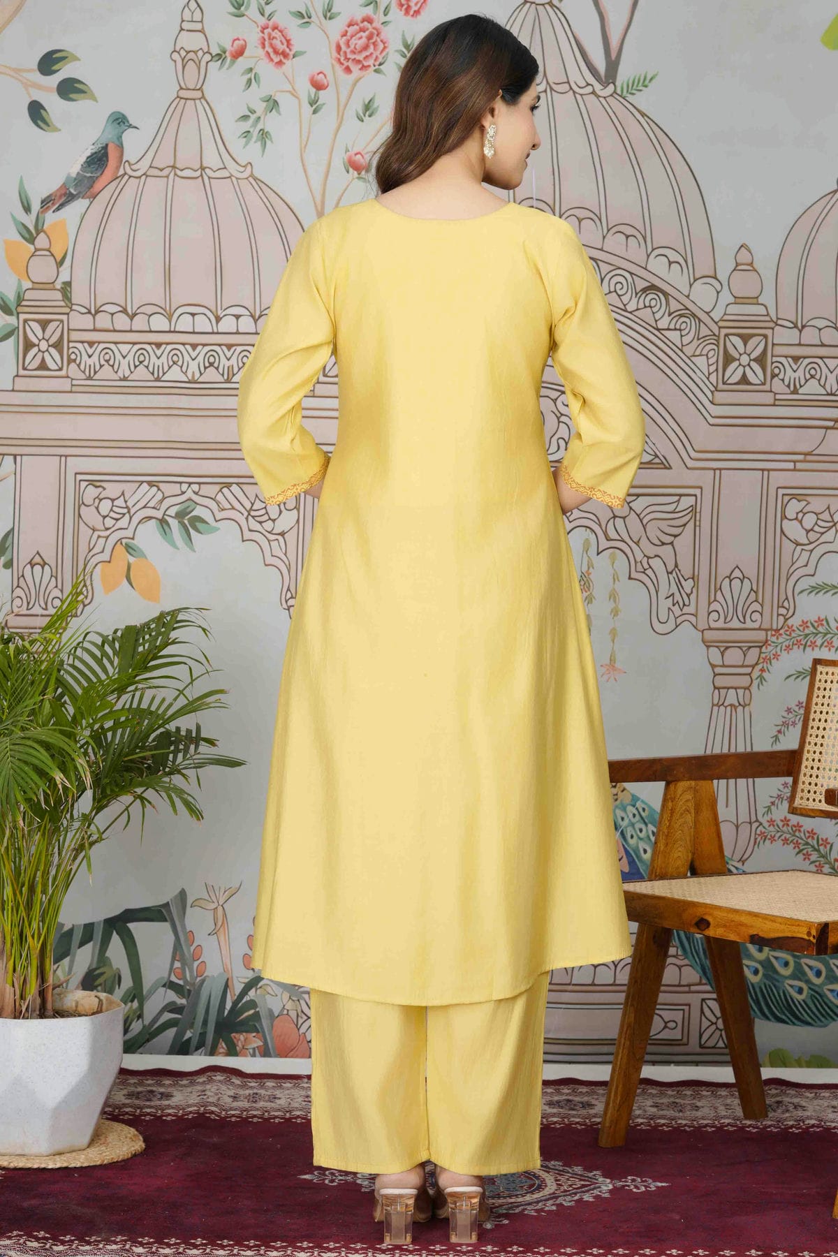 Yellow Colour Viscose Roman Silk Stitched Top and Bottom VSSS1113946