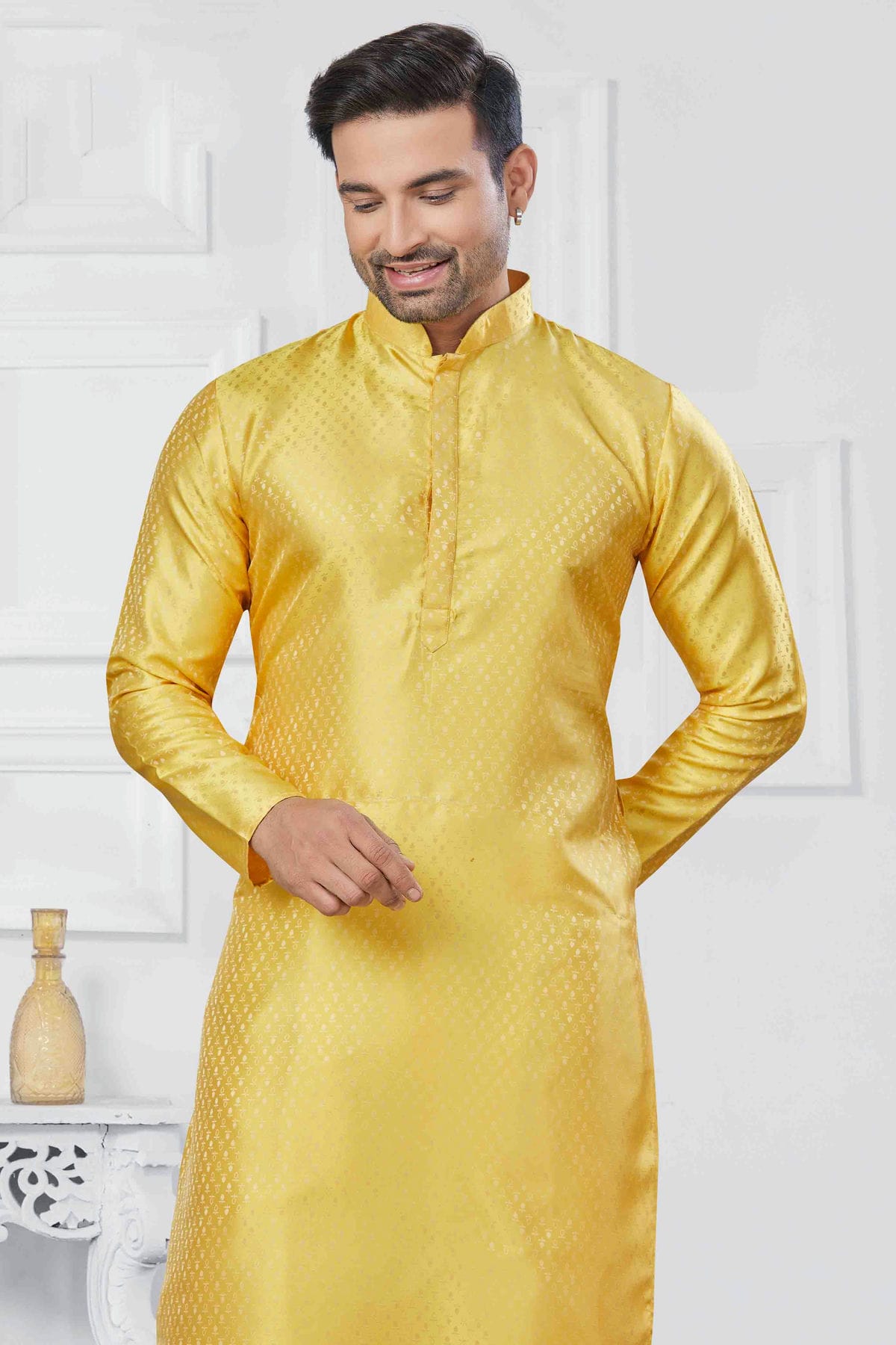 Yellow Colour Woven Jacquard Silk Kurta Pajama VSKP1113446