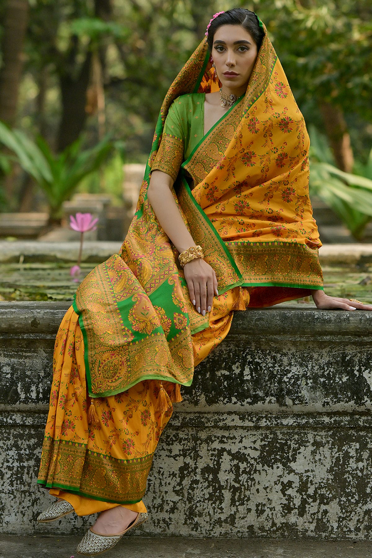 Yellow Colour Woven Work Pashmina Silk Saree